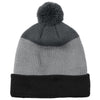 Port Authority Deep Black/ Gusty Grey/ Storm Grey Cozy Striped Pom Beanie