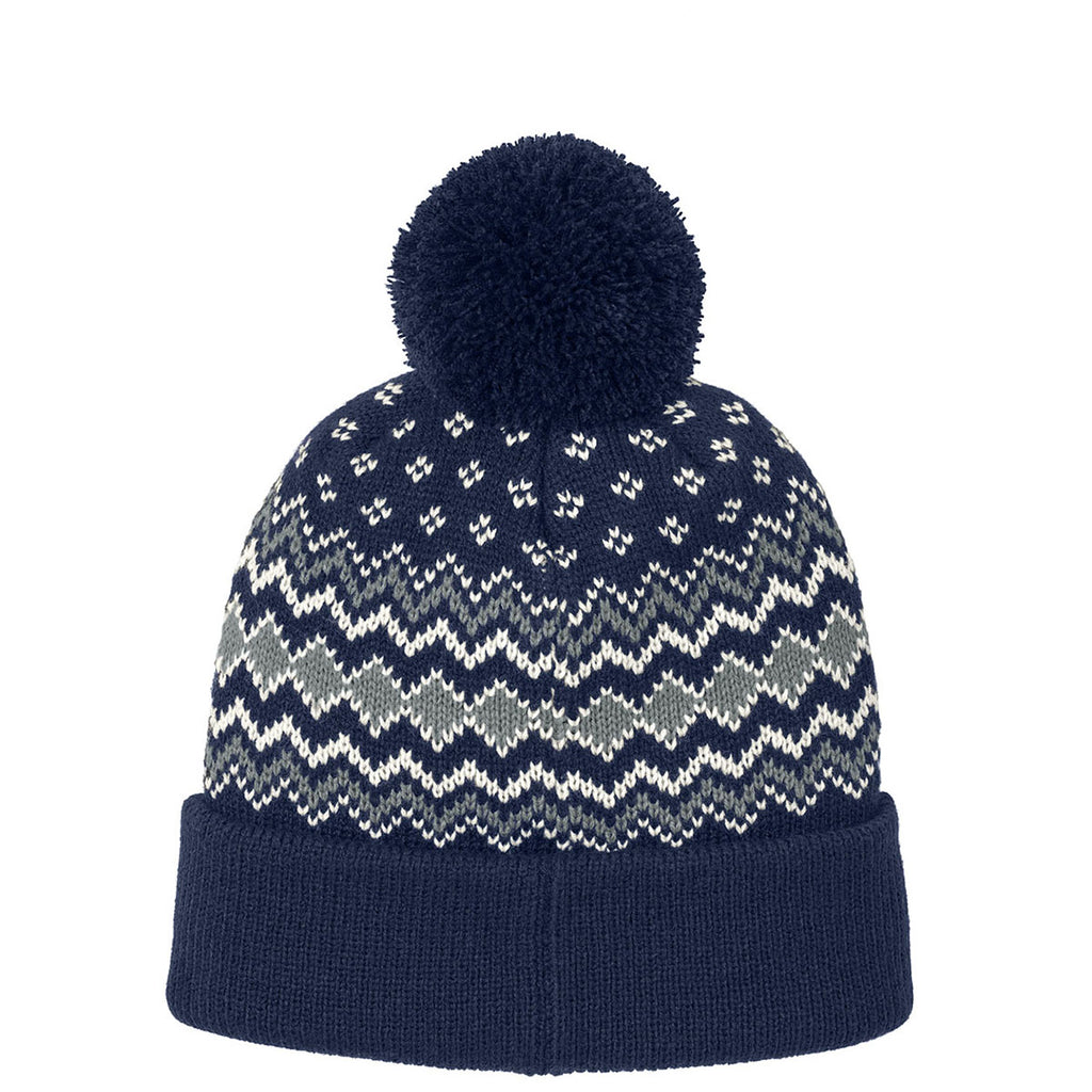 Port Authority True Navy/Gusty Grey/Marshmallow Alpine Pom Beanie