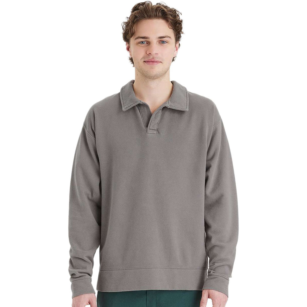 ComfortWash by Hanes Men's Concrete Grey Garment-Dyed Polo Collar Sweatshirt