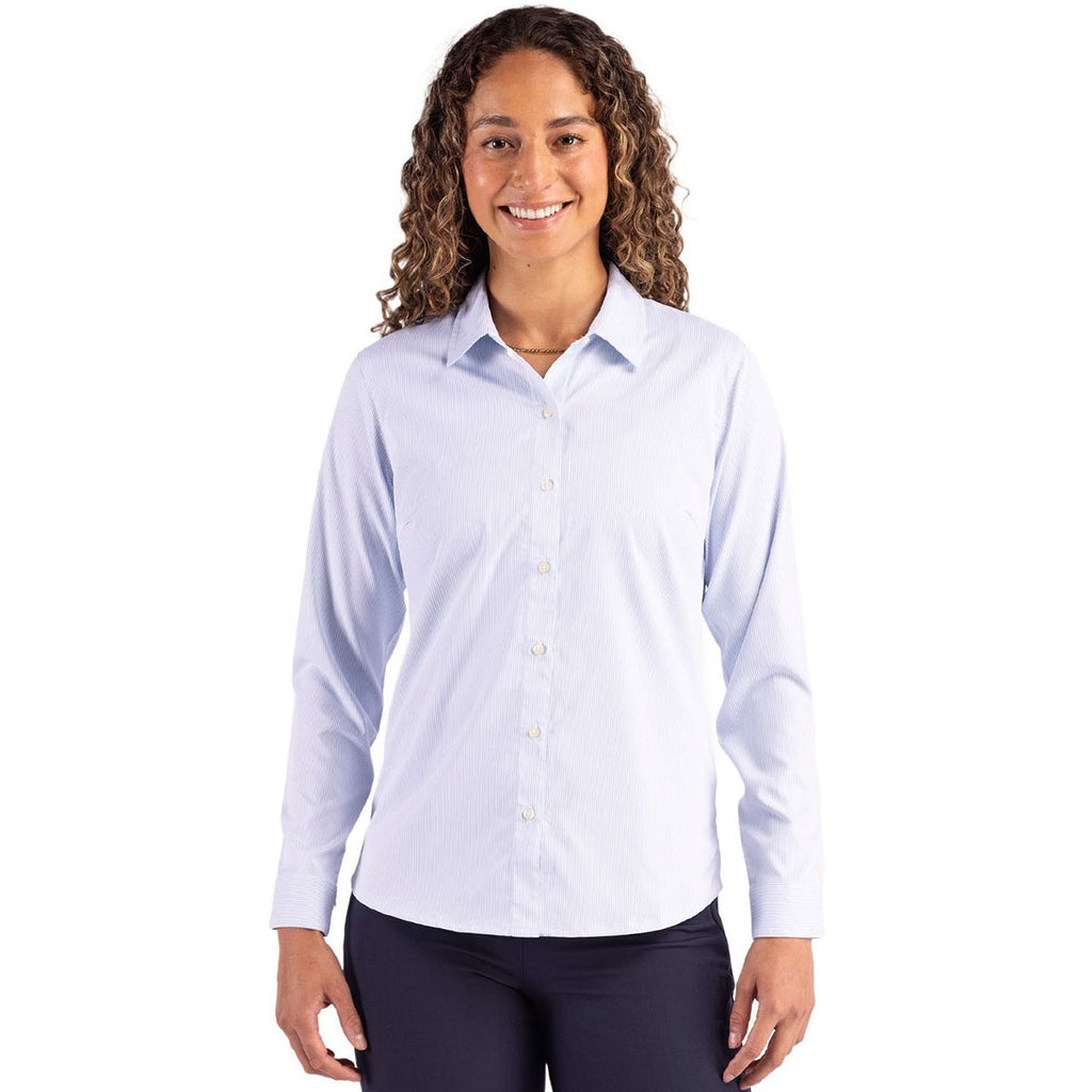 Cutter & Buck Women's Pale Blue/White Skyline Epic Confidence Recycled Pinstripe Long Sleeve Dress Shirt