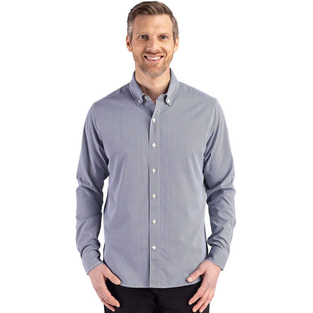 Cutter & Buck Men's Navy Blue/White Skyline Epic Confidence Recycled Gingham Long Sleeve Dress Shirt