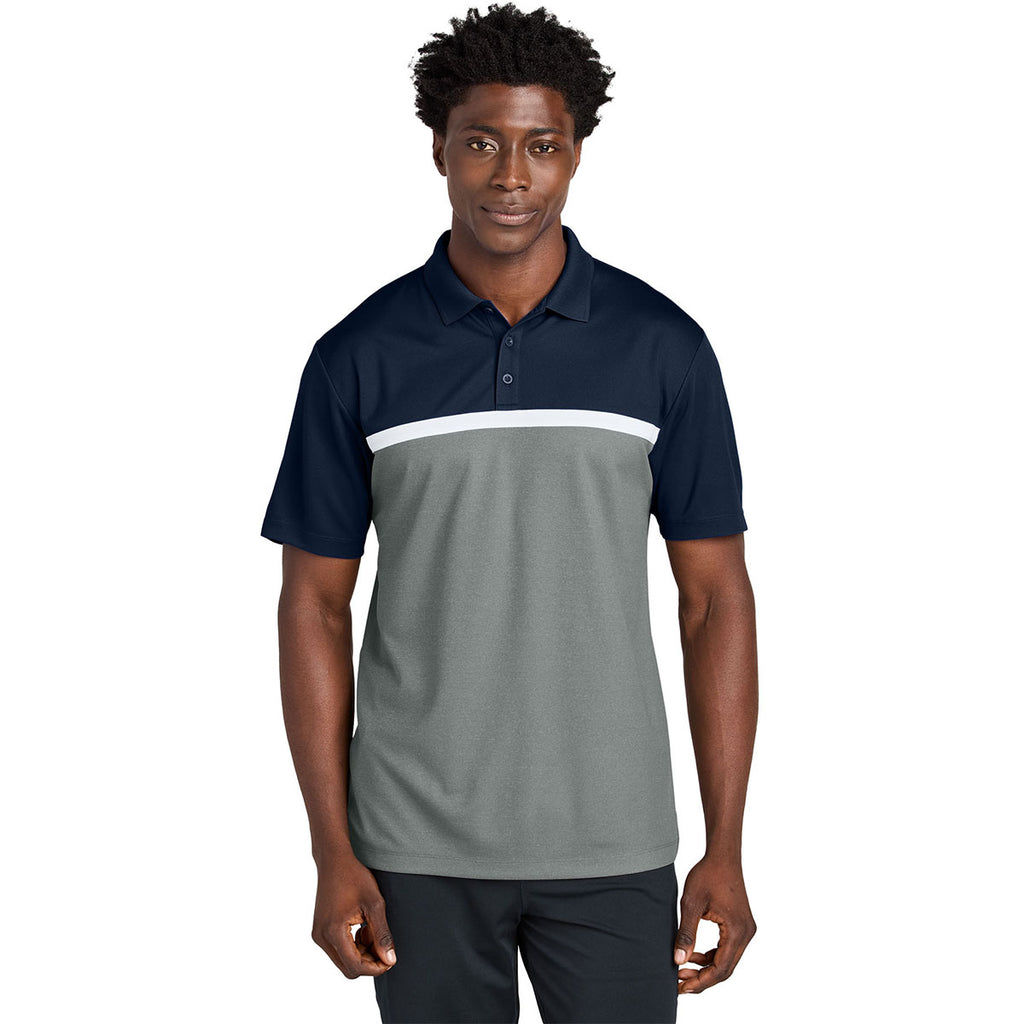 Sport-Tek Men's True Navy/Grey Concrete Heather/White UV Micropique Colorblock Polo