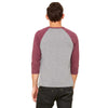 Bella + Canvas Unisex Grey/Maroon Triblend 3/4 Sleeve Baseball T-Shirt