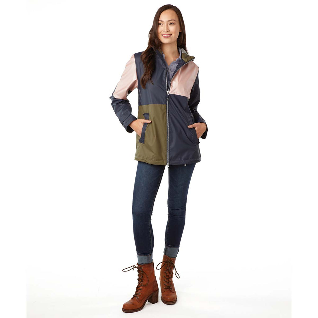 Charles River Women's Navy/Rose Gold/Olive Color Blocked New Englander Rain Jacket