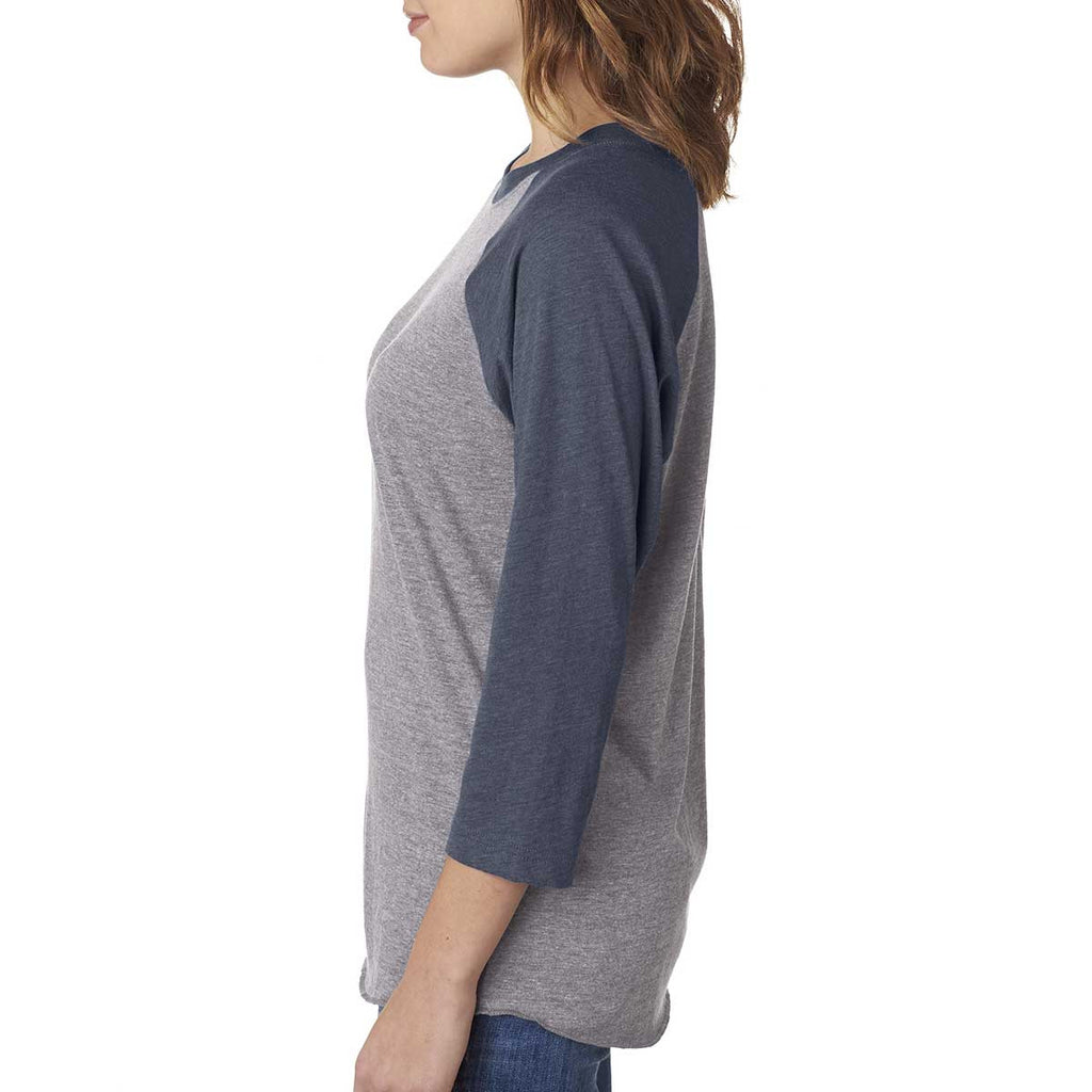 Next Level Unisex Vintage Navy/Premium Heather Triblend 3/4-Sleeve Raglan Tee