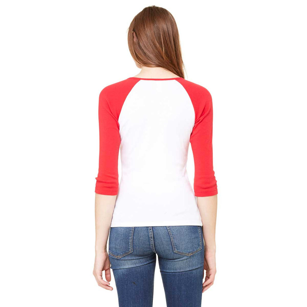 Bella + Canvas Women's White/Red Stretch Rib 3/4-Sleeve Contrast Raglan T-Shirt