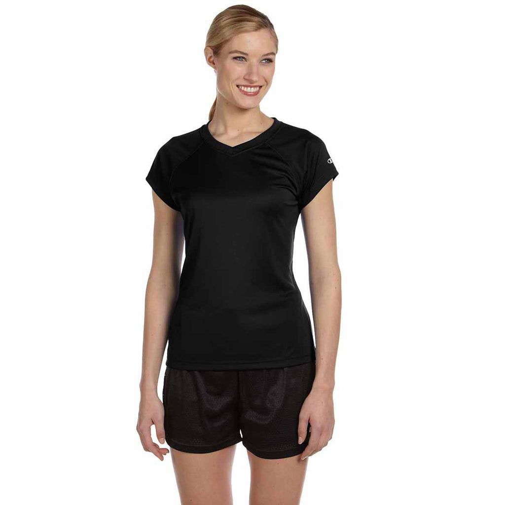 Champion Women's Black Double Dry 4.1-Ounce V-Neck T-Shirt