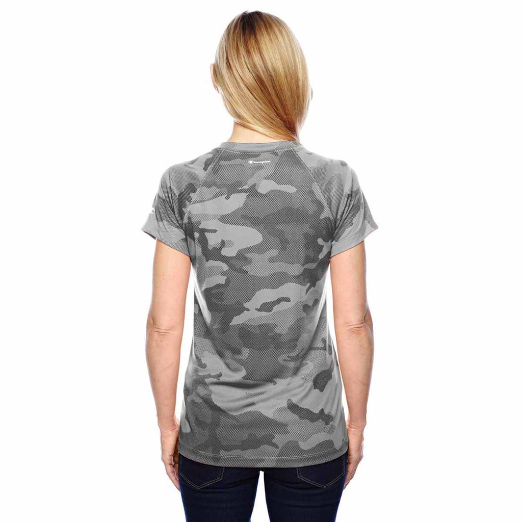 Champion Women's Stone Grey Camo Double Dry 4.1-Ounce V-Neck T-Shirt