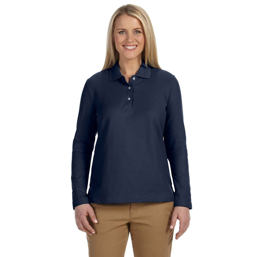 Devon & Jones Women's Navy Pima Pique Long-Sleeve Polo