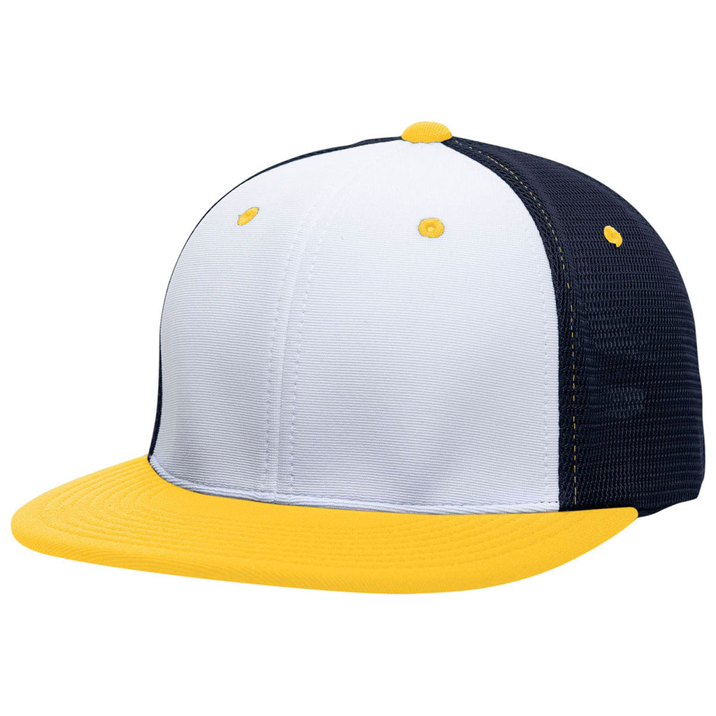 Pacific Headwear White/Navy/Gold Premium M2 Performance Trucker FlexFit Cap