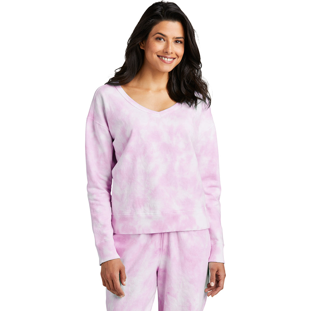 Port & Company Women's Cerise Pink Beach Wash Cloud Tie-Dye V-Neck Sweatshirt