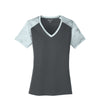 Sport-Tek Women's Iron Grey/White CamoHex Colorblock V-Neck Tee