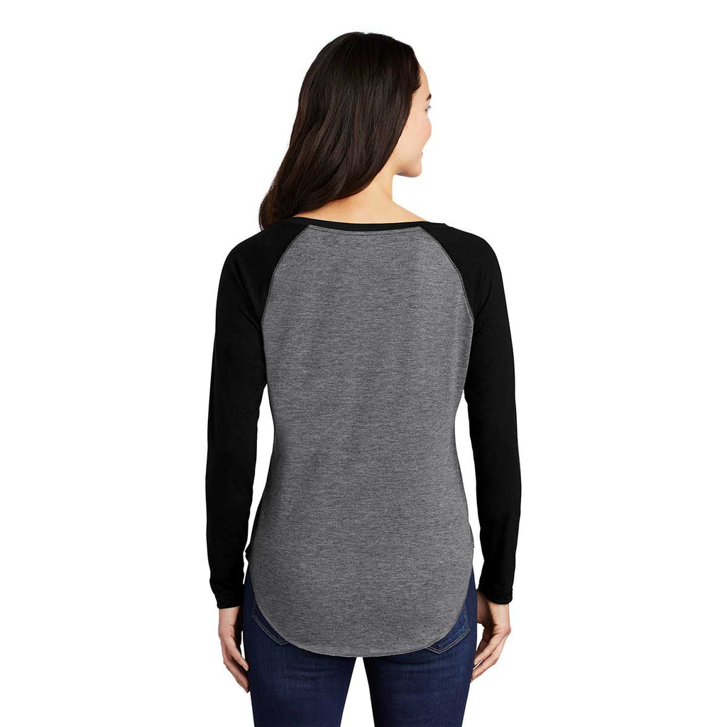 Sport-Tek Women's Black Triad Solid/Dark Grey Heather PosiCharge Long Sleeve Tri-Blend Wicking Scoop Neck Raglan Tee