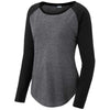 Sport-Tek Women's Black Triad Solid/Dark Grey Heather PosiCharge Long Sleeve Tri-Blend Wicking Scoop Neck Raglan Tee