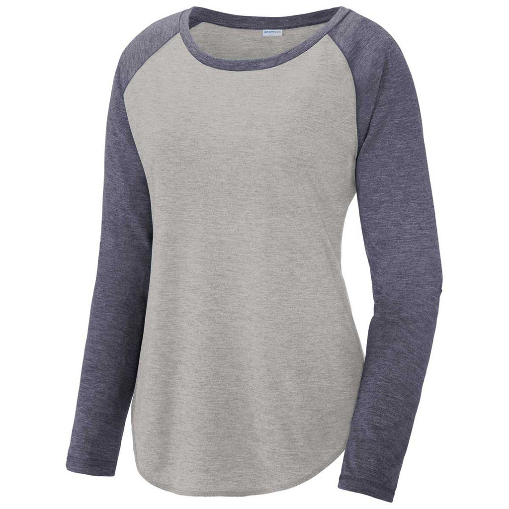 Sport-Tek Women's True Navy Heather/Light Grey Heather PosiCharge Long Sleeve Tri-Blend Wicking Scoop Neck Raglan Tee