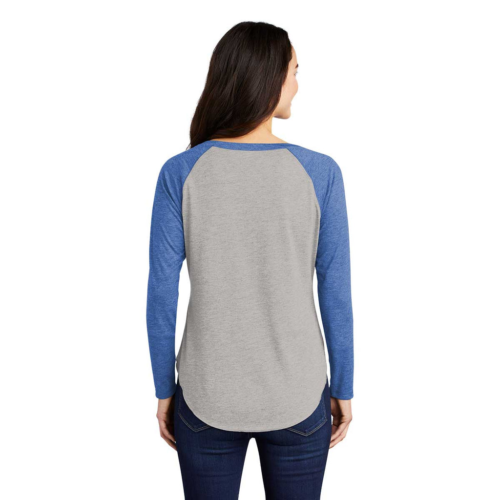 Sport-Tek Women's True Royal Heather/Light Grey Heather PosiCharge Long Sleeve Tri-Blend Wicking Scoop Neck Raglan Tee