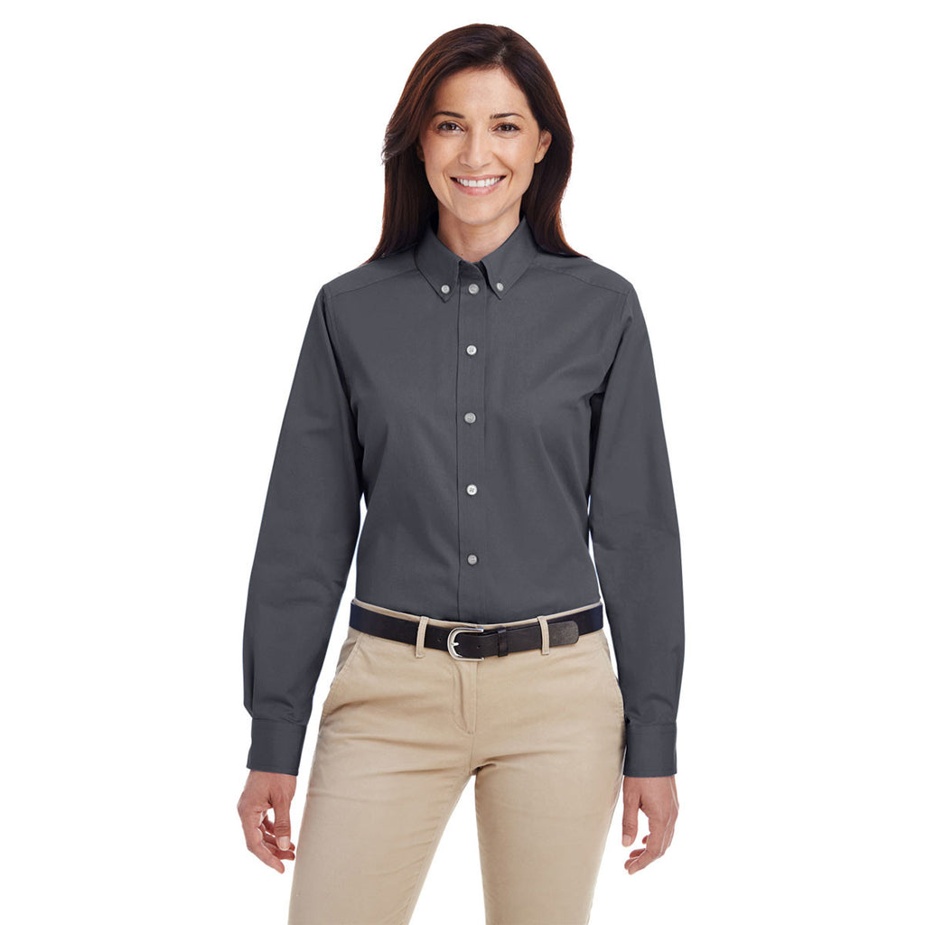 Harriton Women's Dark Charcoal Foundation 100% Cotton Long-Sleeve Twill Shirt with Teflon