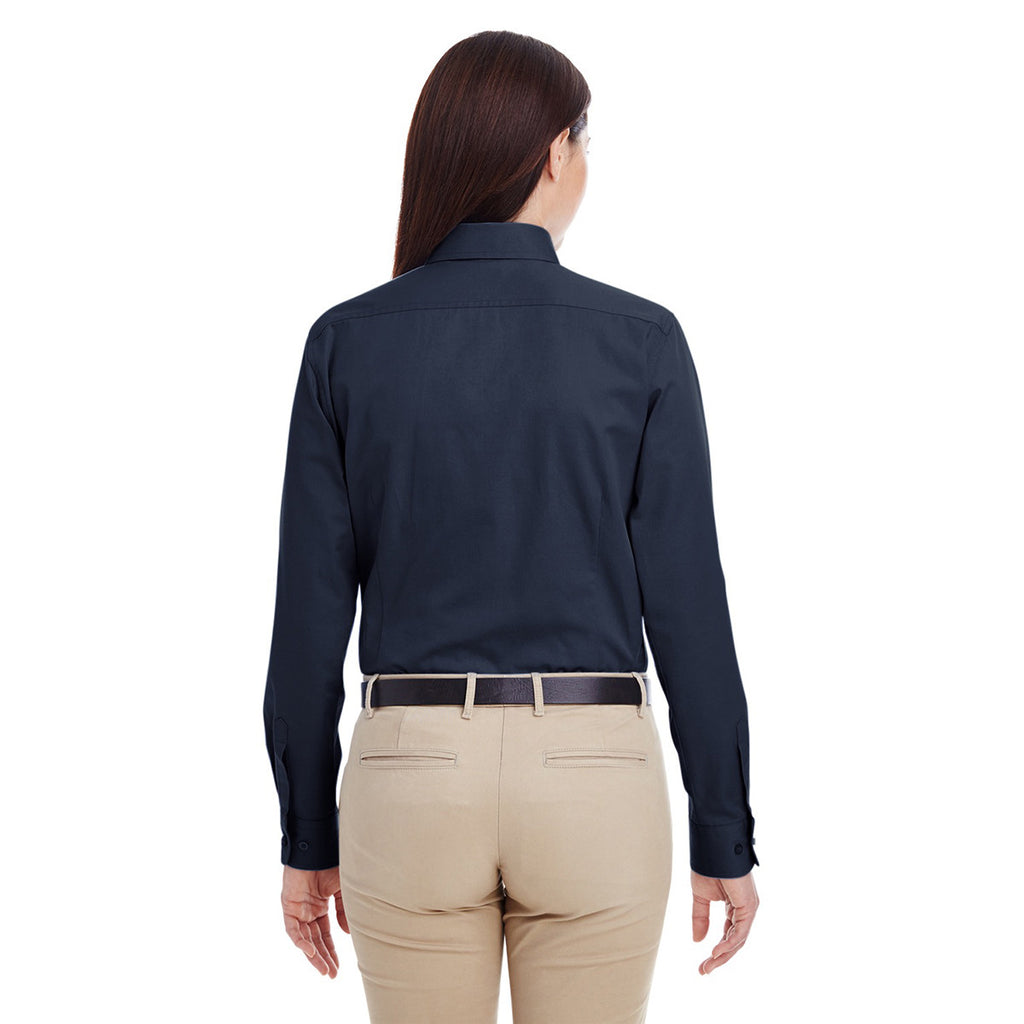 Harriton Women's Dark Navy Foundation 100% Cotton Long-Sleeve Twill Shirt with Teflon