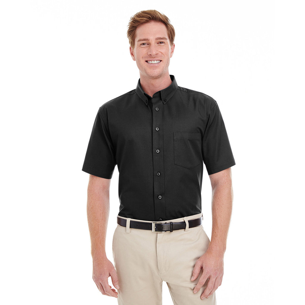 Harriton Men's Black Foundation 100% Cotton Short-Sleeve Twill Shirt Teflon