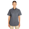 Harriton Women's Dark Charcoal Foundation 100% Cotton Short-Sleeve Twill Shirt Teflon