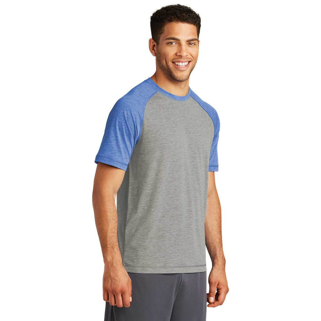 Sport-Tek Men's True Royal Heather/Light Grey Heather PosiCharge Tri-Blend Wicking Raglan Tee