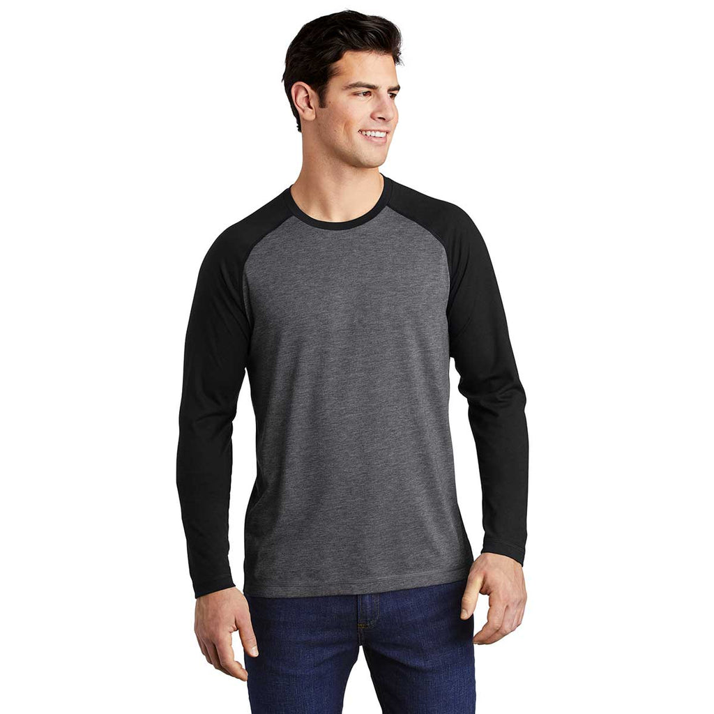 Sport-Tek Men's Black Triad Solid/Dark Grey Heather PosiCharge Long Sleeve Tri-Blend Wicking Raglan Tee