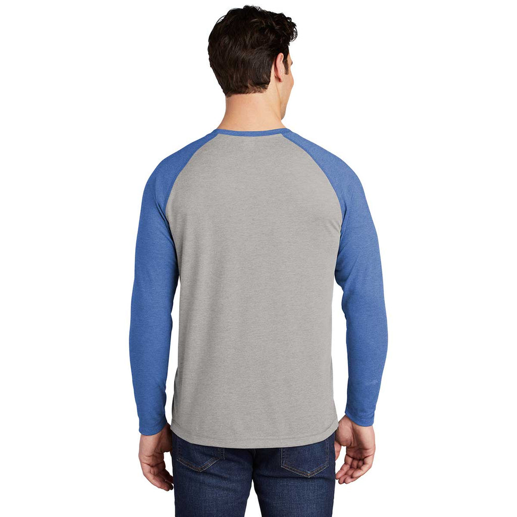 Sport-Tek Men's True Royal Heather/Light Grey Heather PosiCharge Long Sleeve Tri-Blend Wicking Raglan Tee