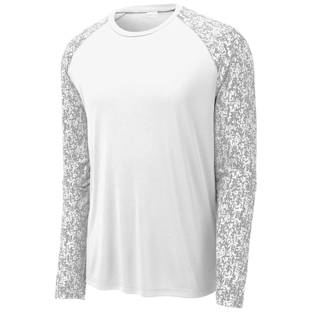 Sport-Tek Men's White PosiCharge Digi Camo Long Sleeve Tee